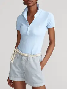 Polo Ralph Lauren Women Solid Polo Collar Cotton Slim Fit T-shirt