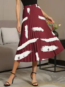 ZWERLON Women Printed Accordion Pleats A-Line Midi Skirt