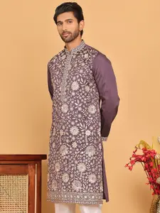 Jompers Floral Embroidered Mandarin Collar Silk Thread Work Straight Kurta