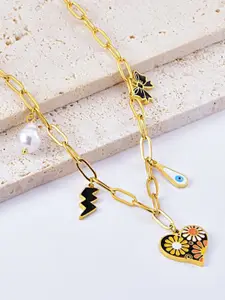 VIEN Stainless Steel Gold-Plated Unique Multiple Charm Beaded Minimal Necklace