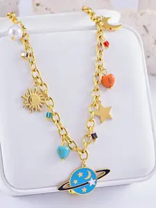 VIEN Stainless Steel Gold-Plated Unique Multiple Charm & Pearl Beaded Minimal Necklace