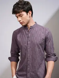 HIGHLANDER Men Band Collar Textured Cotton Casual Shirt