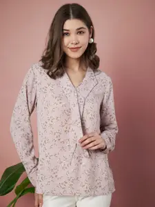 Slenor Women Floral Print Tie-Up Neck Ruffles Blouson Top