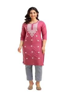 Manvik fashion Floral Embroidered Notch Neck Thread Work Pure Cotton Straight Kurtas