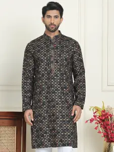 Jompers Floral Embroidered Mandarin Collar Sequinned Straight Kurta