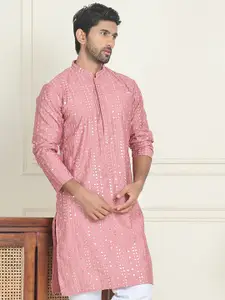 Jompers Geometric Embroidered Mandarin Collar Silk Mirror Work Straight Kurta