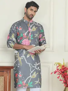 Jompers Mandarin Collar Floral Printed Pure Cotton Straight Kurta