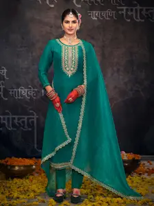 Anouk Green Floral Embroidered Zari Work Unstitched Dress Material