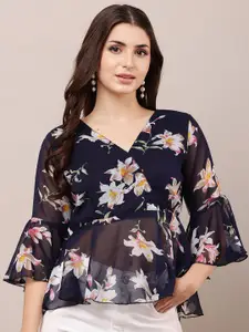Raabta Fashion Women Floral Printed V-Neck Bell Sleeves Peplum Top