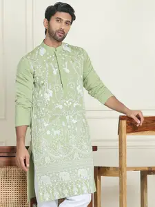 Jompers Floral Embroidered Mandarin Collar Thread Work Straight Kurtas