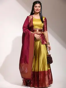 DIVASTRI Floral Woven Design Zari Work Silk Semi-Stitched Lehenga & Blouse With Dupatta