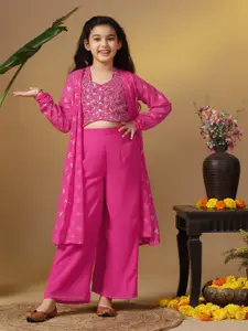Sangria Pink Girls Floral Embroidered Top With Palazzo And Shrug