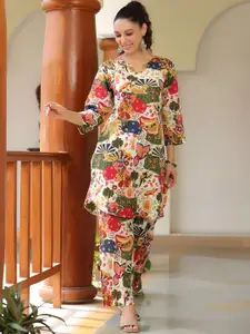 Acriine Printed Notch Neck Pure Cotton Top With Palazzo