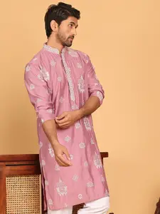 Jompers Floral Embroidered Mandarin Collar Silk Cotton Thread Work Straight Kurta