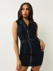 True Religion Women Lapel Collar Washed Denim Bodycon Mini Dress