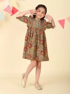 Fabindia Girls Ethnic Motifs Printed Puff Sleeves Cotton Fit & Flare Dress