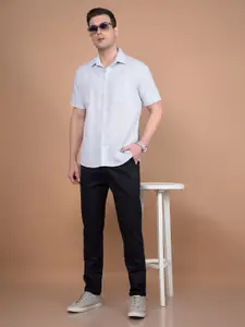 Crimsoune Club Men Classic Slim Fit Spread Collar Horizontal Striped Cotton Casual Shirt