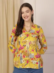 Anouk Rustic Floral Print Mandarin Collar Top