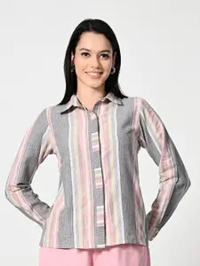 BAESD Women Standard Fit Spread Collar Vertical Striped Cotton Casual Shirt