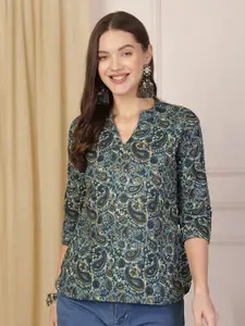 Anouk Rustic Floral Print Mandarin Collar Cotton Shirt Style Top