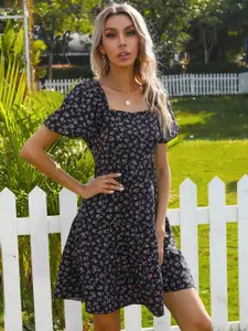 DressBerry Floral Print Puff Sleeve A-Line Tiered Dress