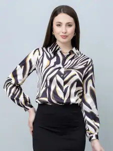 PURYS Women Classic Fit Spread Collar Abstract Printed Satin Casual Shirt