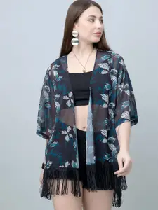PURYS Women Floral Printed Tasselled Longline Shrug