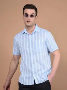 Crimsoune Club Men Classic Slim Fit Spread Collar Vertical Striped Cotton Casual Shirt