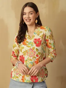 Anouk Rustic Floral Print Mandarin Collar Top