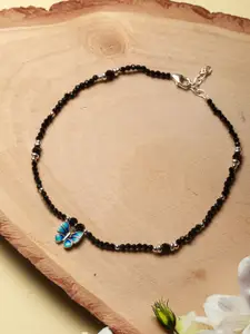 SARAF SILVERETZ 925 Sterling Silver-Plated Beaded Enamelled Butterfly Charms Single Anklet