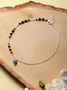 SARAF SILVERETZ 925 Sterling Silver Plated Beaded Minimal Evil Eye Charm Single Anklet