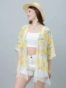 PURYS Floral Printed Tasselled Longline Open Front Shrug