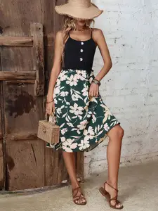 DressBerry Floral Print Button Detailing Shoulder Straps A-Line Midi Dress