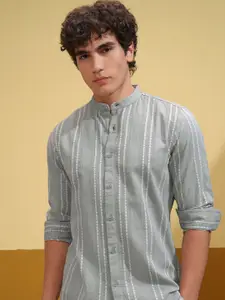 HIGHLANDER Men Slim Fit Band Collar Vertical Striped Cotton Casual Shirt