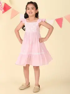 Fabindia Girls Cotton Embroidered Flutter Sleeve Fit & Flare Dress