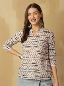 Anouk Rustic Floral Print Mandarin Collar Cotton Top