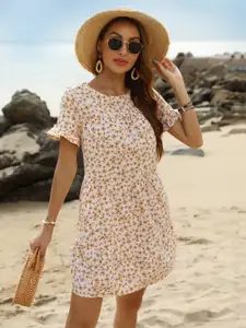 DressBerry Floral Print Bell Sleeve A-Line Mini Dress