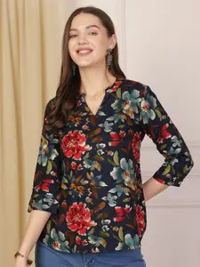 Anouk Rustic Floral Print Mandarin Collar Shirt Style Top