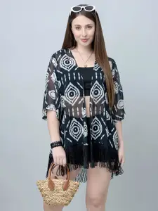 PURYS Abstract Printed Tasselled Longline Open Front Shrug