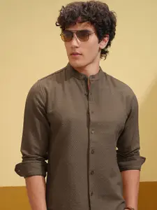 HIGHLANDER Men Slim Fit Band Collar Textured Cotton Casual Shirt
