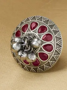 Priyaasi Silver-Plated Stone Studded & Beaded Oxidized Kemp Finger Ring