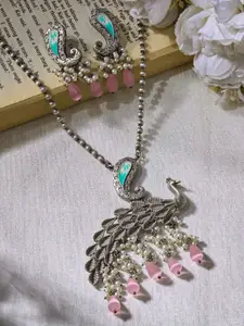 Priyaasi Silver Plated Pink Beaded Oxidized Peacock Necklace & Earrings