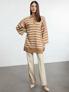 Trendyol Women Striped Shirt Collar Pullover Sweater