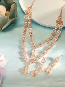 Priyaasi Rose Gold Plated American Diamond Layered Necklace & Earrings