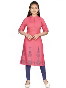 Sangria Girls Red Floral Printed Mandarin Collar Cotton Straight Kurta