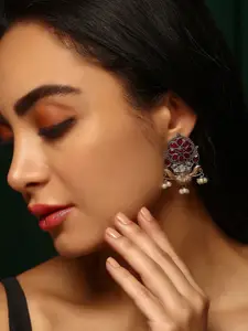 Priyaasi Silver-Plated Faux Ruby Stone Studded & Beaded Oxidized Floral Drop Earrings
