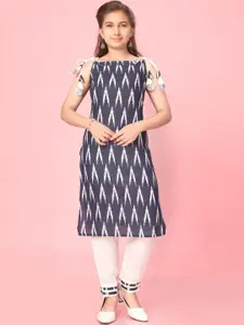 Sangria Girls Navy Blue Geometric Printed Boat Neck Sleeveless Cotton Straight Kurta