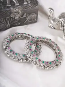 Adwitiya Collection  Set of 2 24k Silver-Plated Artificial Stones & Beads Studded Bangles