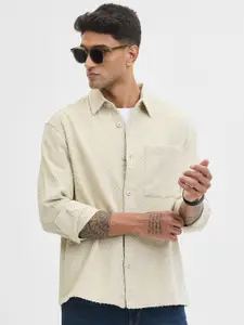 Snitch Men Classic Slim Fit Spread Collar Textured Cotton Casual Shirt