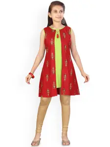 Sangria Girls Red Ethnic Motifs Printed Round Neck Pure Cotton A-Line Kurta
